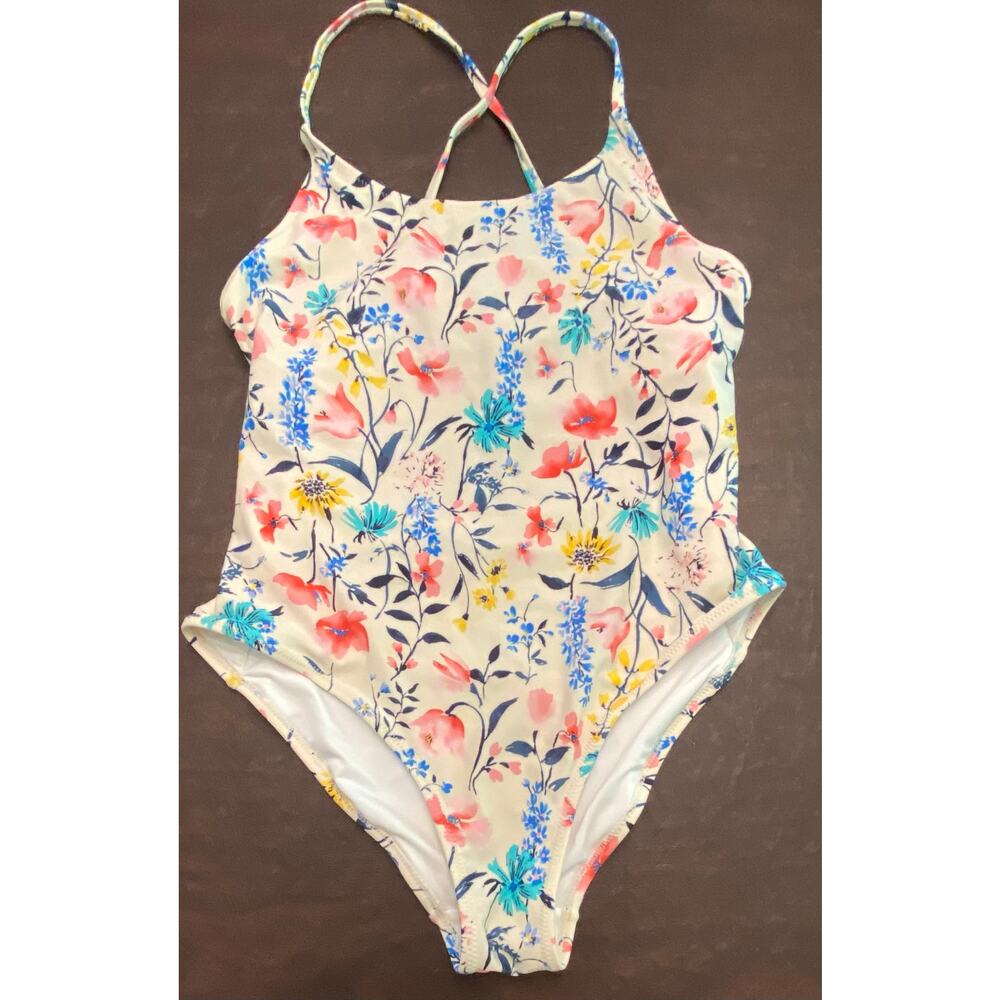Old Navy Floral One Piece Swimsuit Medium Tie Back Crisscross Straps Adjustable